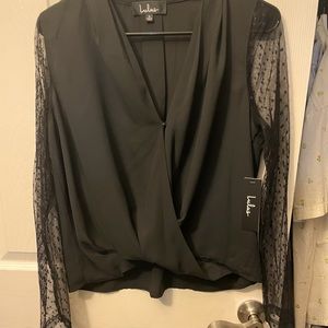 Swiss Dot V Neck Solid Blouse, Embellished Long Sleeves, Loose fit.